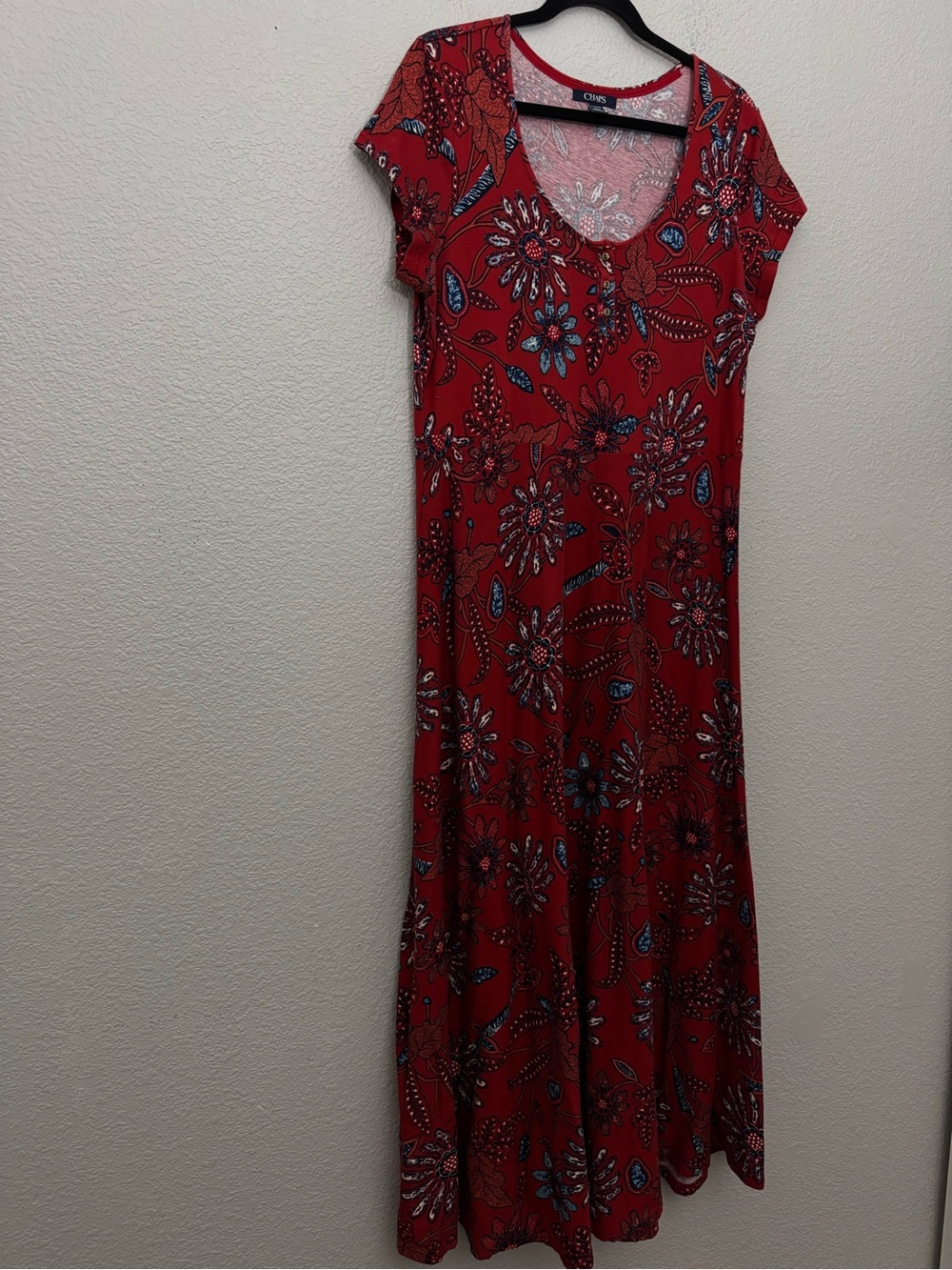 Chaps Red Floral Print Maxi Dress Short Sleeve Cotton XL Boho Western Americana - Picture 5 of 13